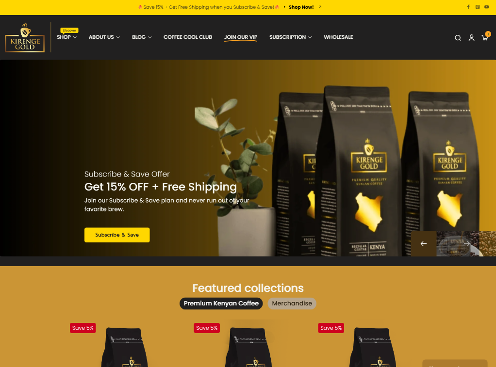 Kirenge Gold premium website -Custom Shopify E-Commerce Development for luxury Kenyan coffee brand online store